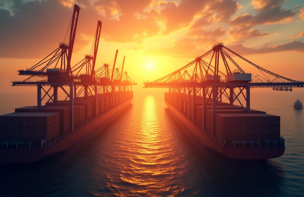 Modern cargo port with cranes and shipping containers at sunrise